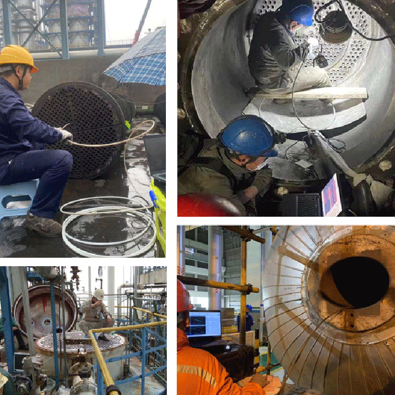Collage of industrial inspection scenes around tube bundles and plant equipment